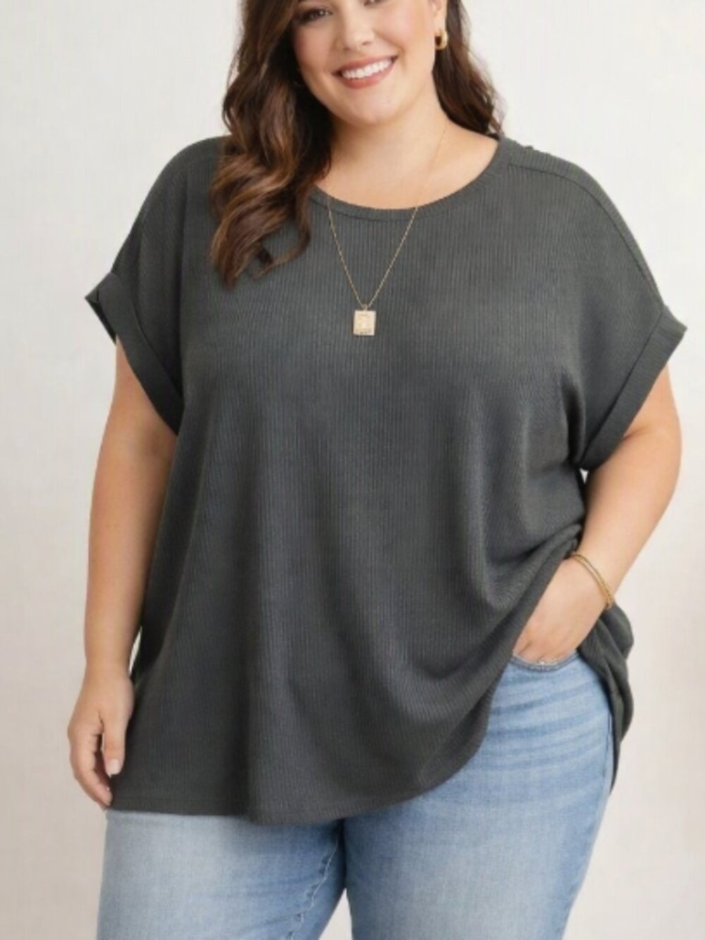 Maurices Charcoal Ribbed Knit Relaxed Slouchy Top Plus 2X Minimalist Casual